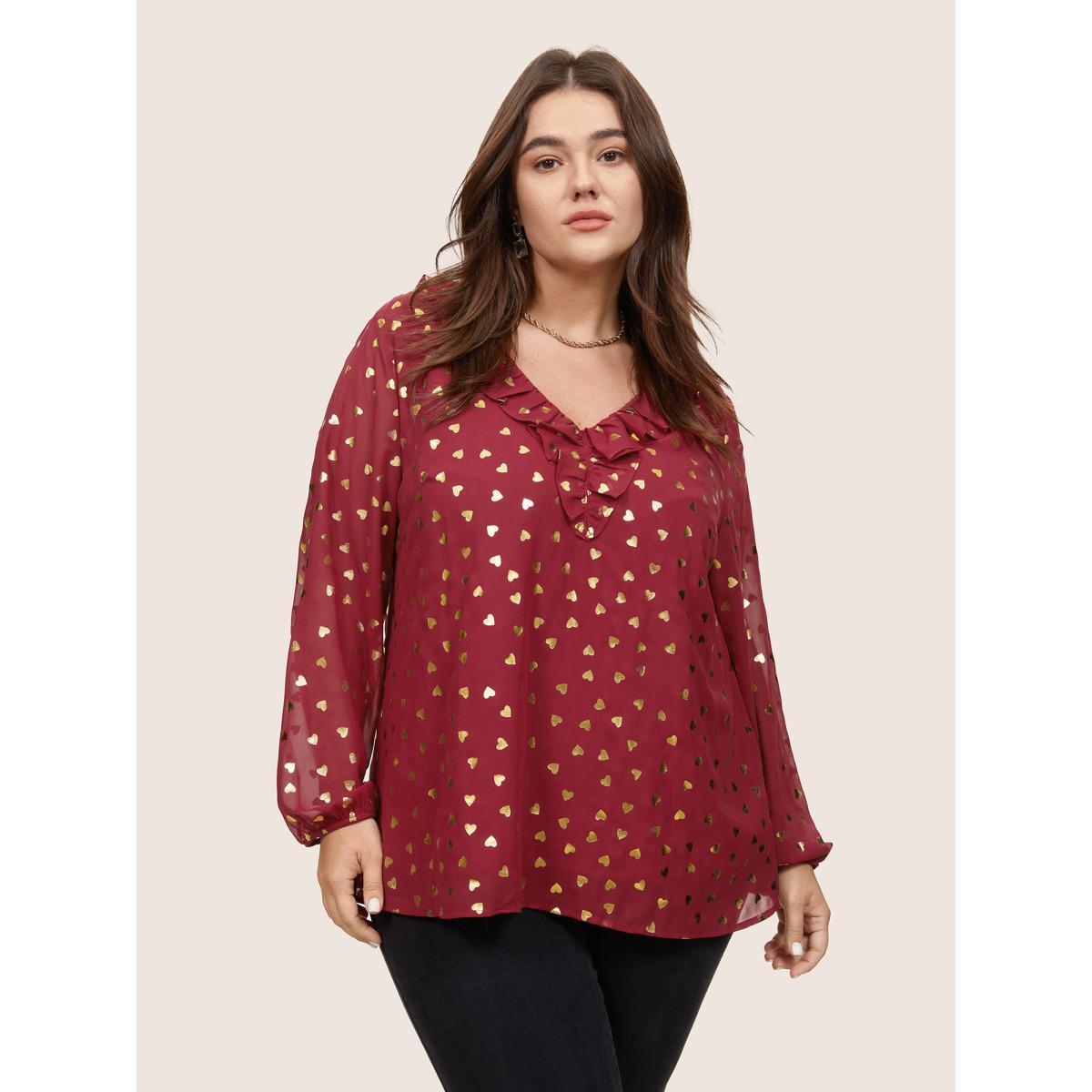 Plus Size Scarlet Glitter Heart Flutters Lantern Sleeve Blouse Women Glamour Long Sleeve V-neck Dailywear Blouses BloomChic 18-20/2X Product Image