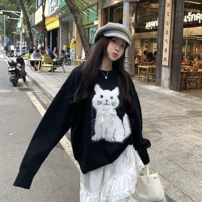 Long-Sleeve Crewneck Cat Sweater Product Image