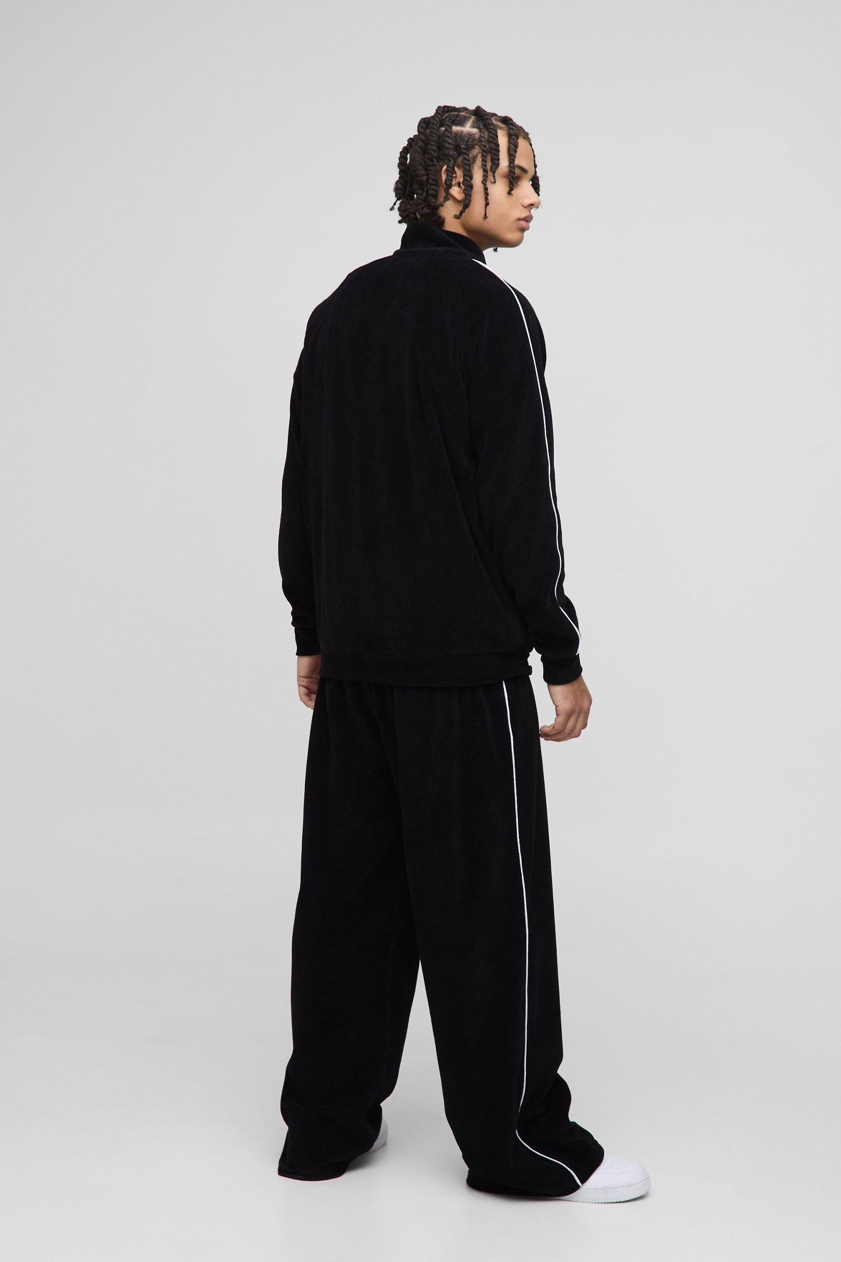 Wide Leg Man Embroidered Contrast Piping Velour Tracksuit | boohooMAN USA Product Image