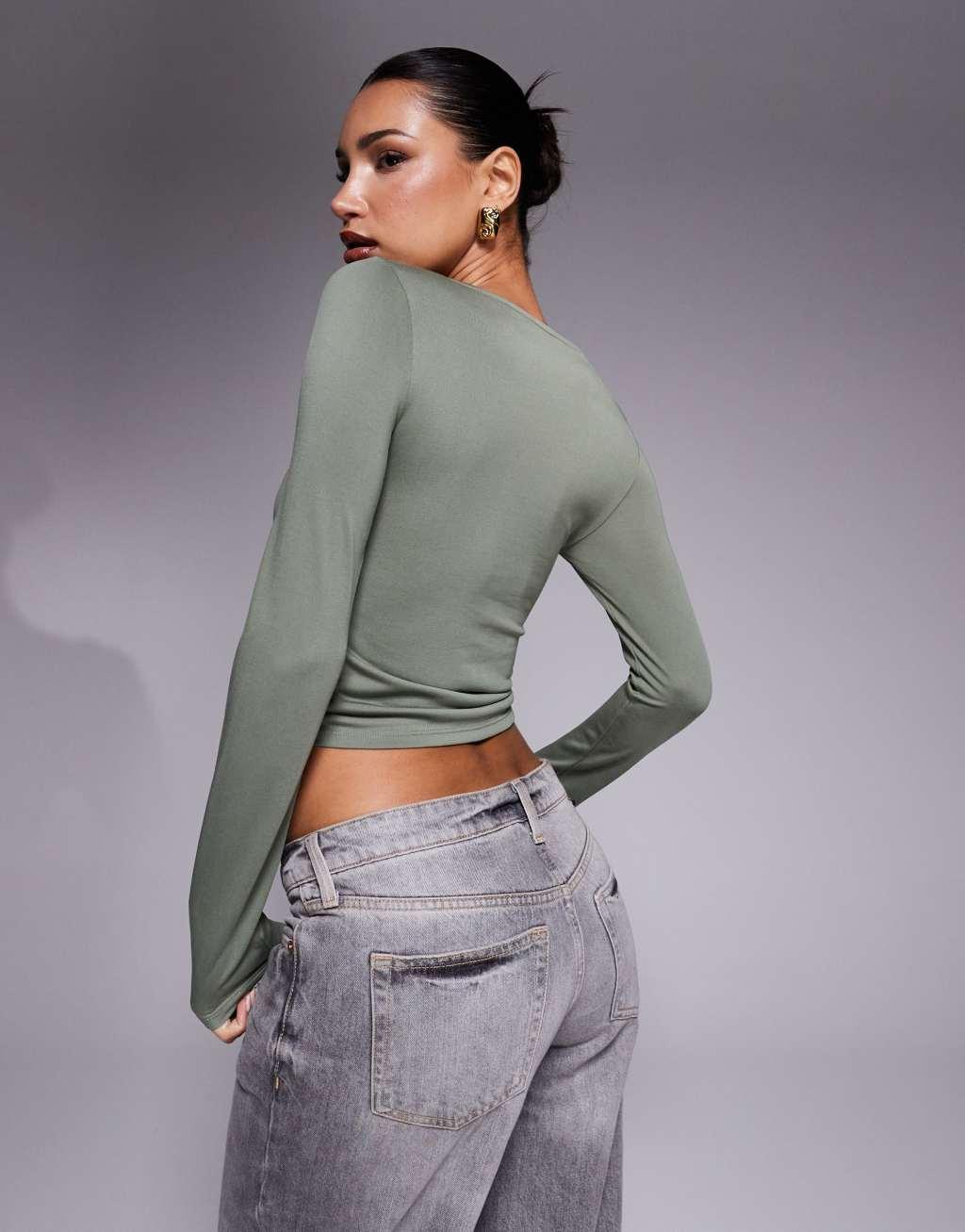 ASOS DESIGN soft handle long sleeve top with front asymmetric ruching in sage Product Image