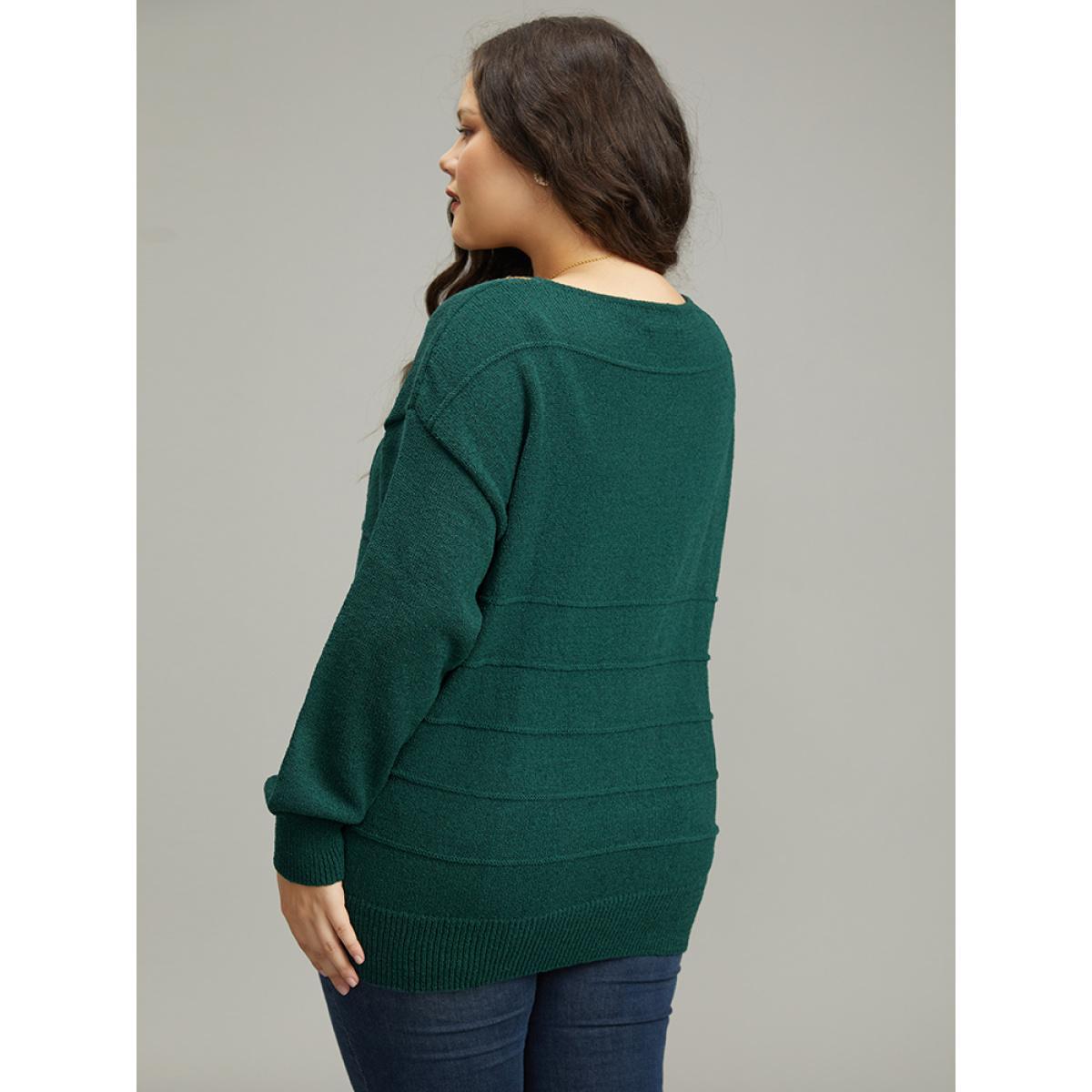 Plus Size Bandana Embroidered Drop Shoulder Elastic Cuffs Pullover DarkGreen Women Casual Loose Long Sleeve V-neck Dailywear Pullovers BloomChic 22-24/3X Product Image