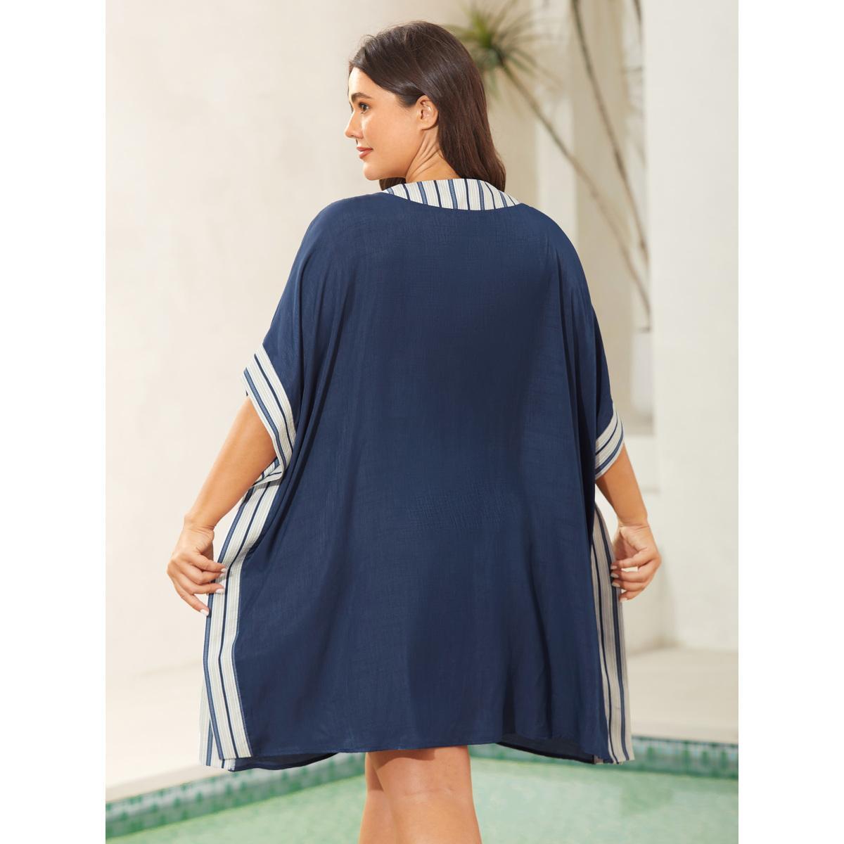 Plus Size Striped Hem Tassel Solid Kimono Women Indigo Tassels Loose Vacation Kimonos BloomChic 30/6X Product Image
