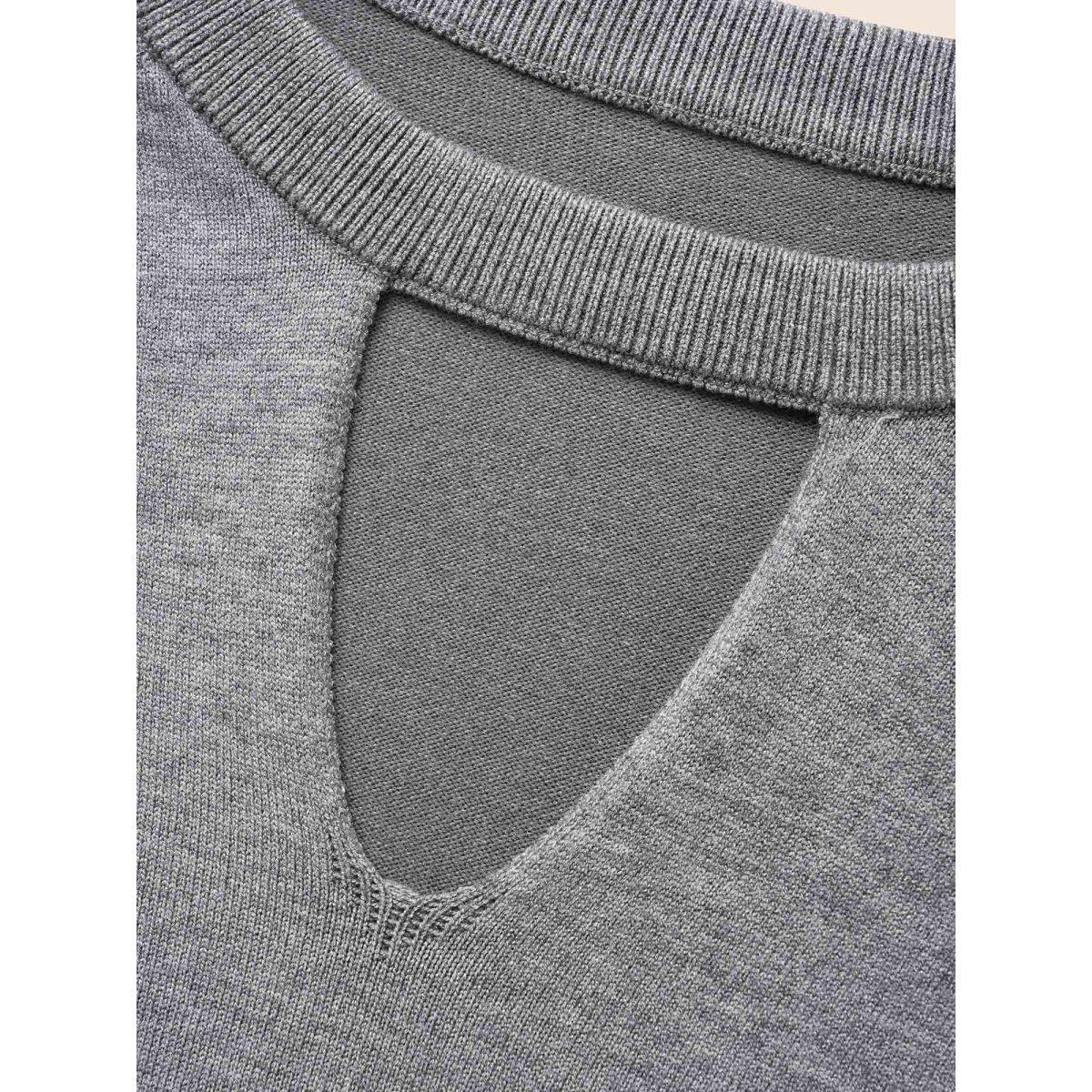 Plus Size Plain Keyhole Puff Sleeve Pullover DarkGray Women Casual Long Sleeve Round Neck Everyday Pullovers BloomChic 14-16/1X Product Image