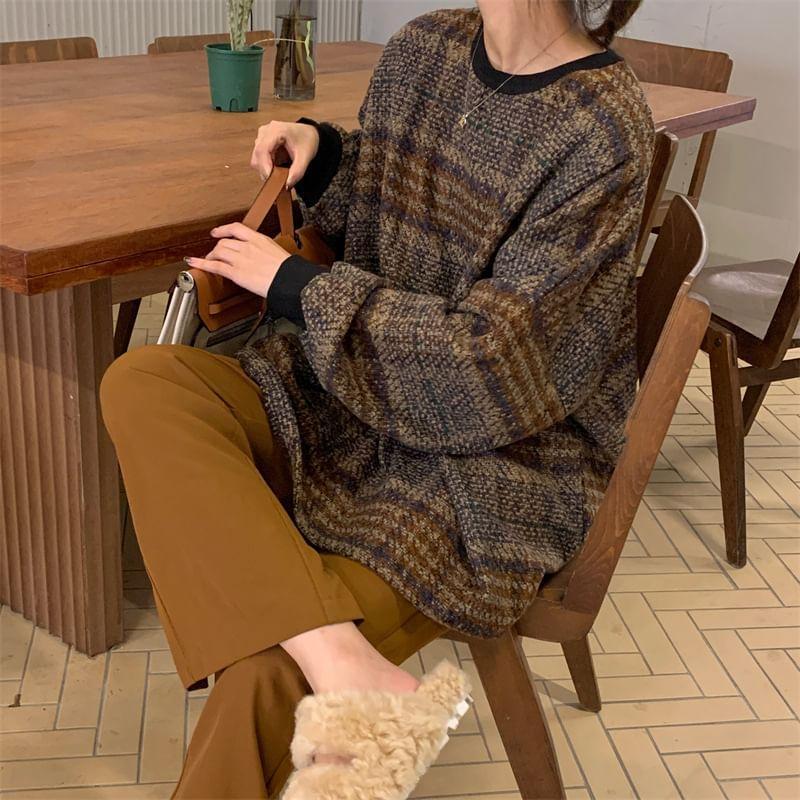 Crew Neck Plaid Contrast Trim Oversized Pullover Product Image