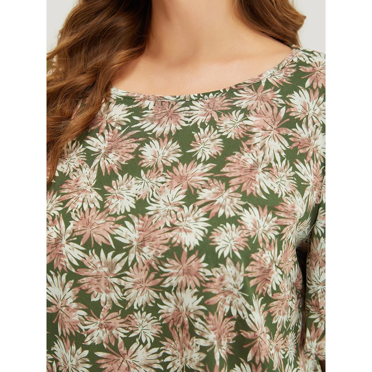 Plus Size Sage Plant Print Tiered Sleeve Lace Hem Blouse Women Vacation Short sleeve Round Neck Dailywear Blouses BloomChic 12/L Product Image
