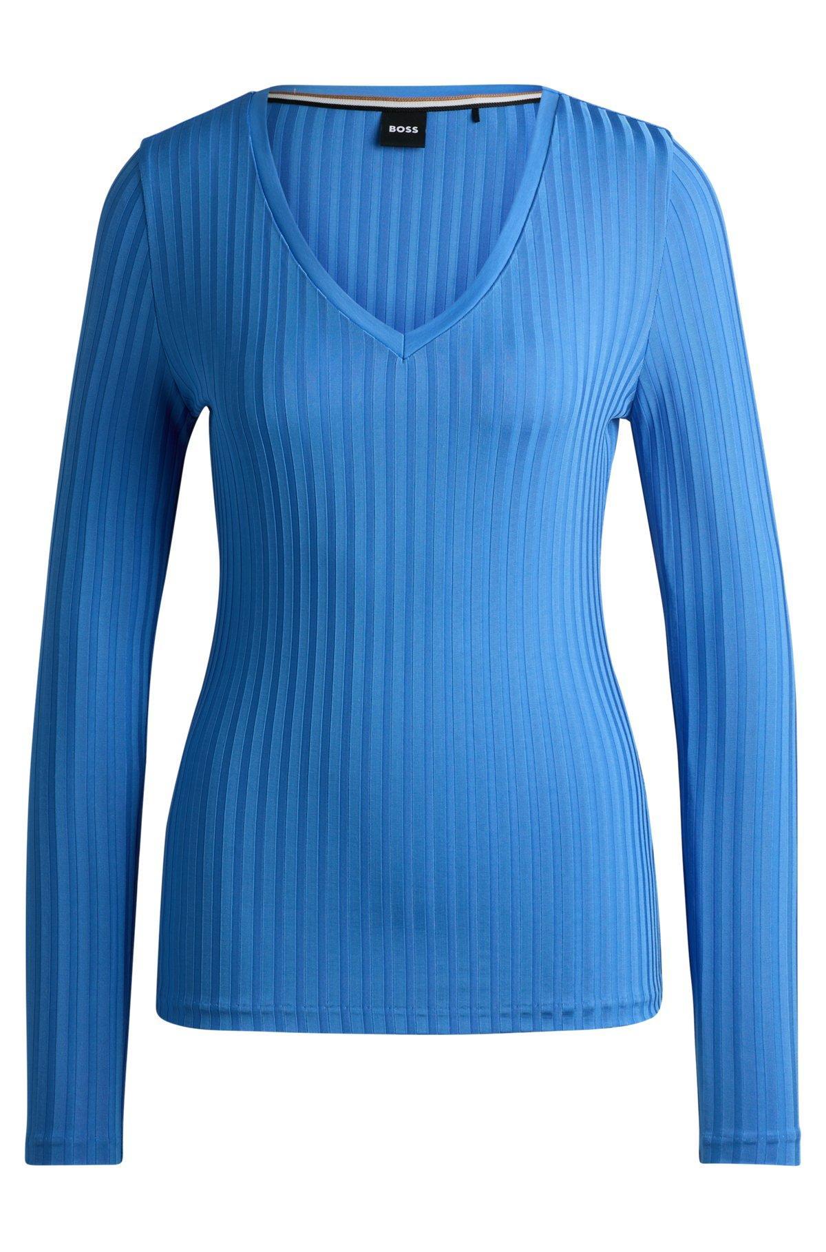 BOSS - Long-sleeved V-neck top in lustrous ribbed jersey - Blue Product Image