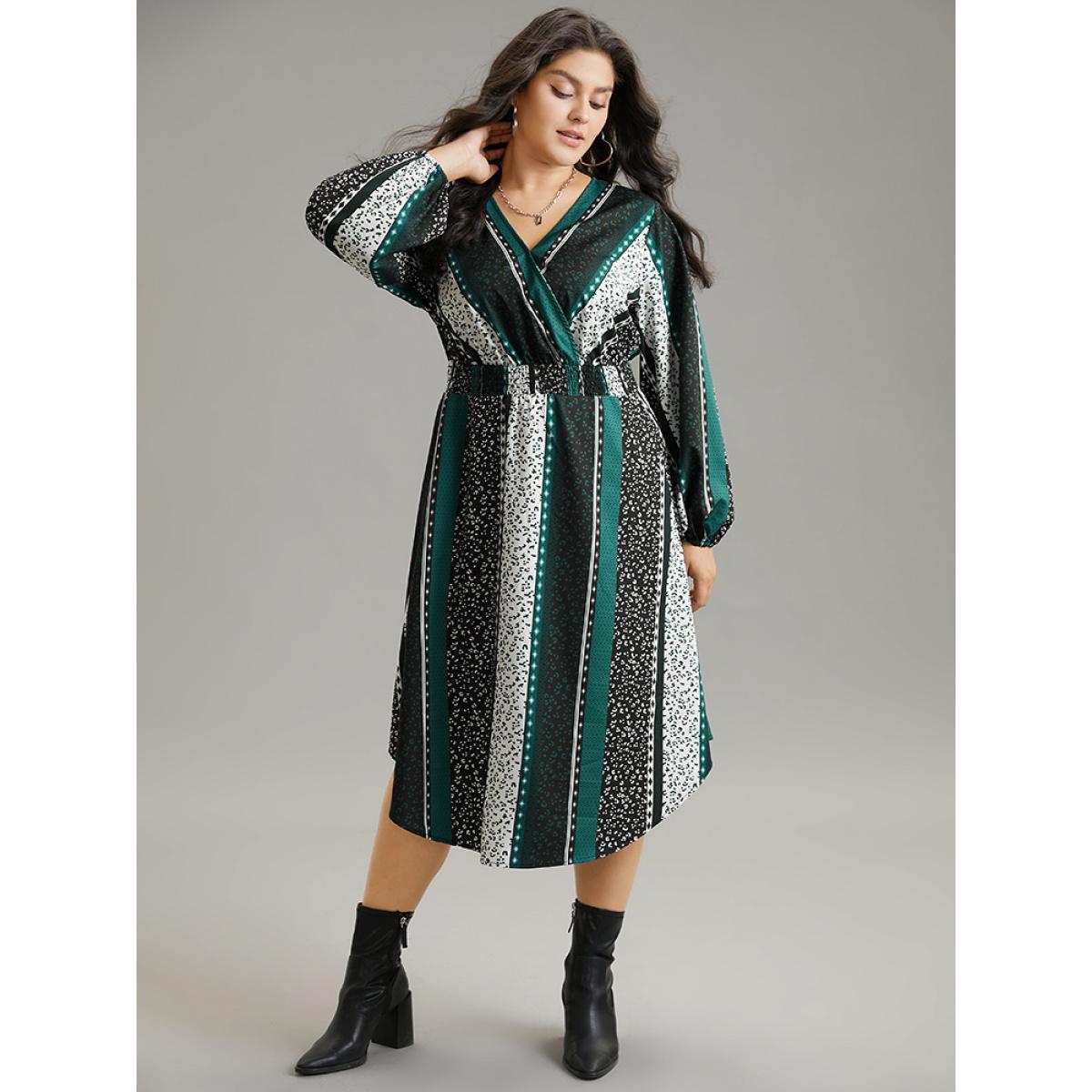 Plus Size Boho Print Striped Shirred Wrap Dress Emerald Women Vacation Elastic cuffs V-neck Long Sleeve Curvy Midi Dress BloomChic 26/4X Product Image