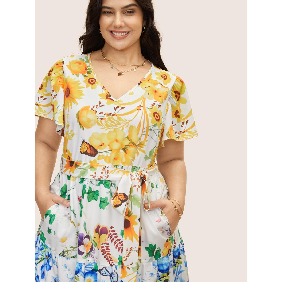 Plus Size Floral & Butterfly Contrast Ruffle Layered Hem Dress Multicolor Women Elegant Belted V-neck Short sleeve Curvy BloomChic 14-16/1X Product Image