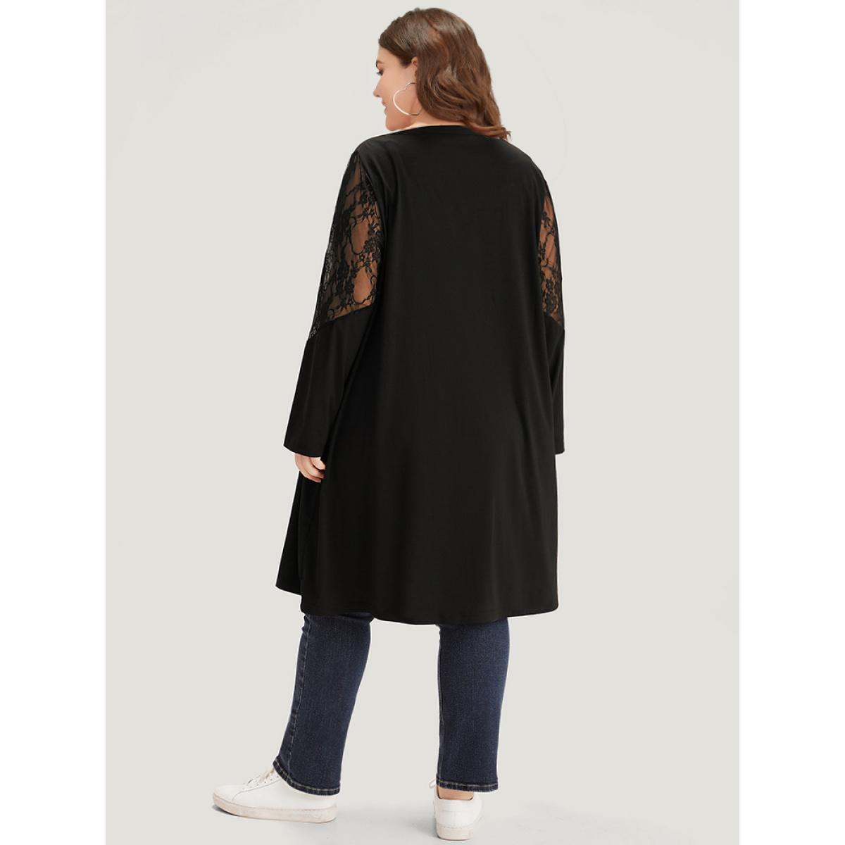 Plus Size Supersoft Essentials Solid Crochet Lace Mesh Drape Open Front Coat Women Black Casual Drape Ladies Dailywear Winter Coats BloomChic 12/L Product Image