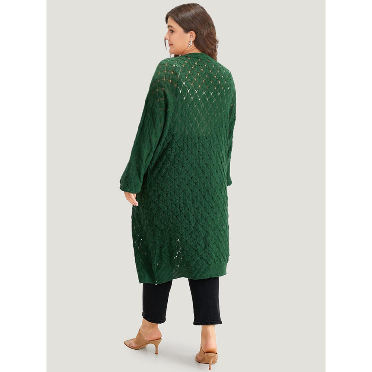 Plus Size Plain Geo Eyelet Drop Shoulder Maxi Cardigan Emerald Women Casual Loose Long Sleeve Dailywear Cardigans BloomChic 18-20/2X Product Image