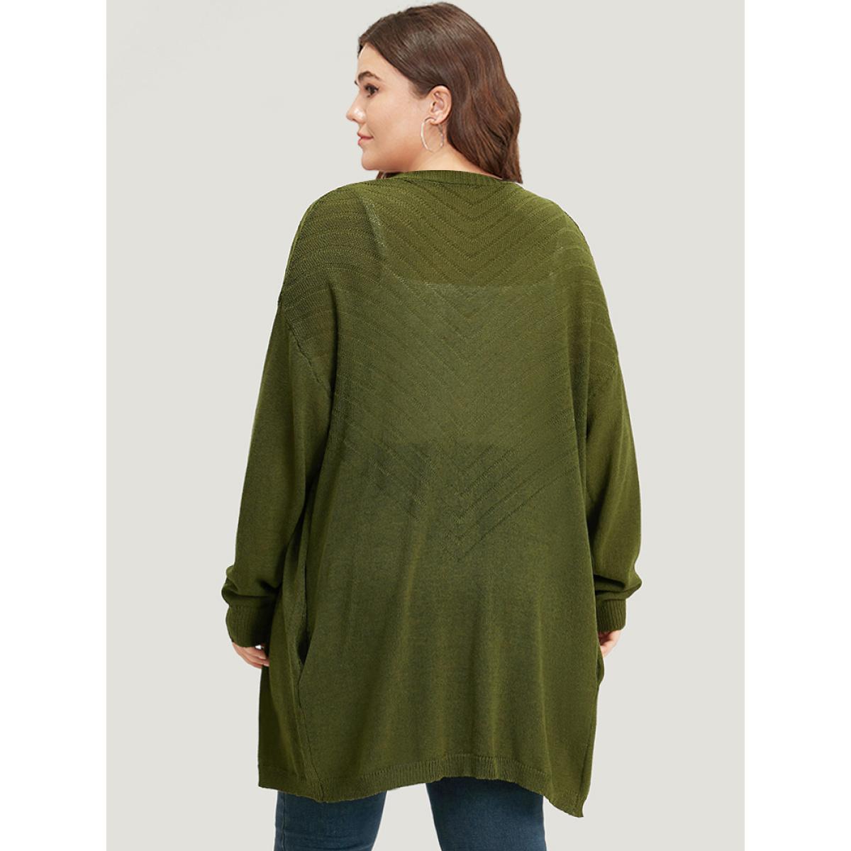 Plus Size Plain Pocket Open Front Cardigan ArmyGreen Women Casual Loose Long Sleeve Dailywear Cardigans BloomChic 10/M Product Image