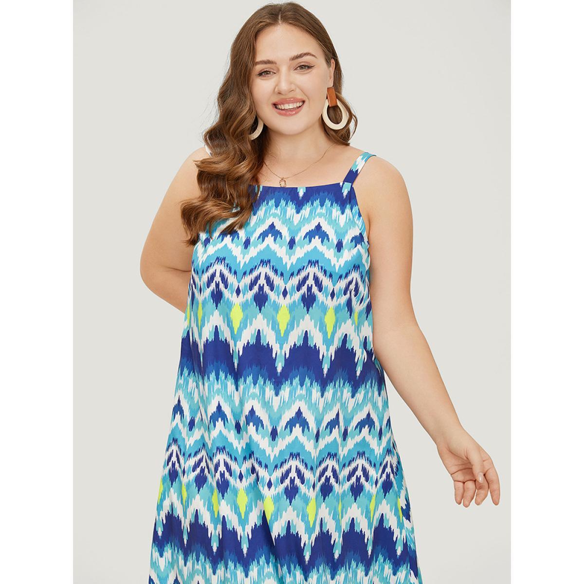 Plus Size Bandana Geometric Ruffles Hem Pocket Spaghetti Strap Dress LightBlue Women Vacation Spaghetti Strap Sleeveless Curvy Midi Dress BloomChic 30/6X Product Image