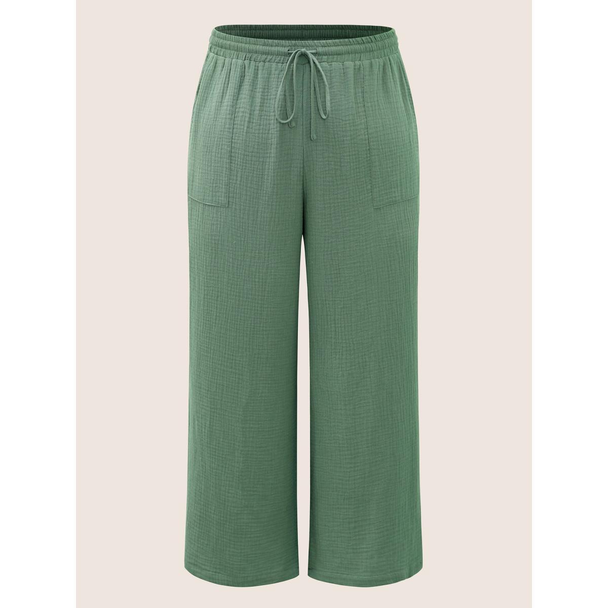 Plus Size Plain Textured Drawstring Wide Leg Pants Women Emerald Casual Wide Leg Mid Rise Everyday Pants BloomChic 22-24/3X Product Image