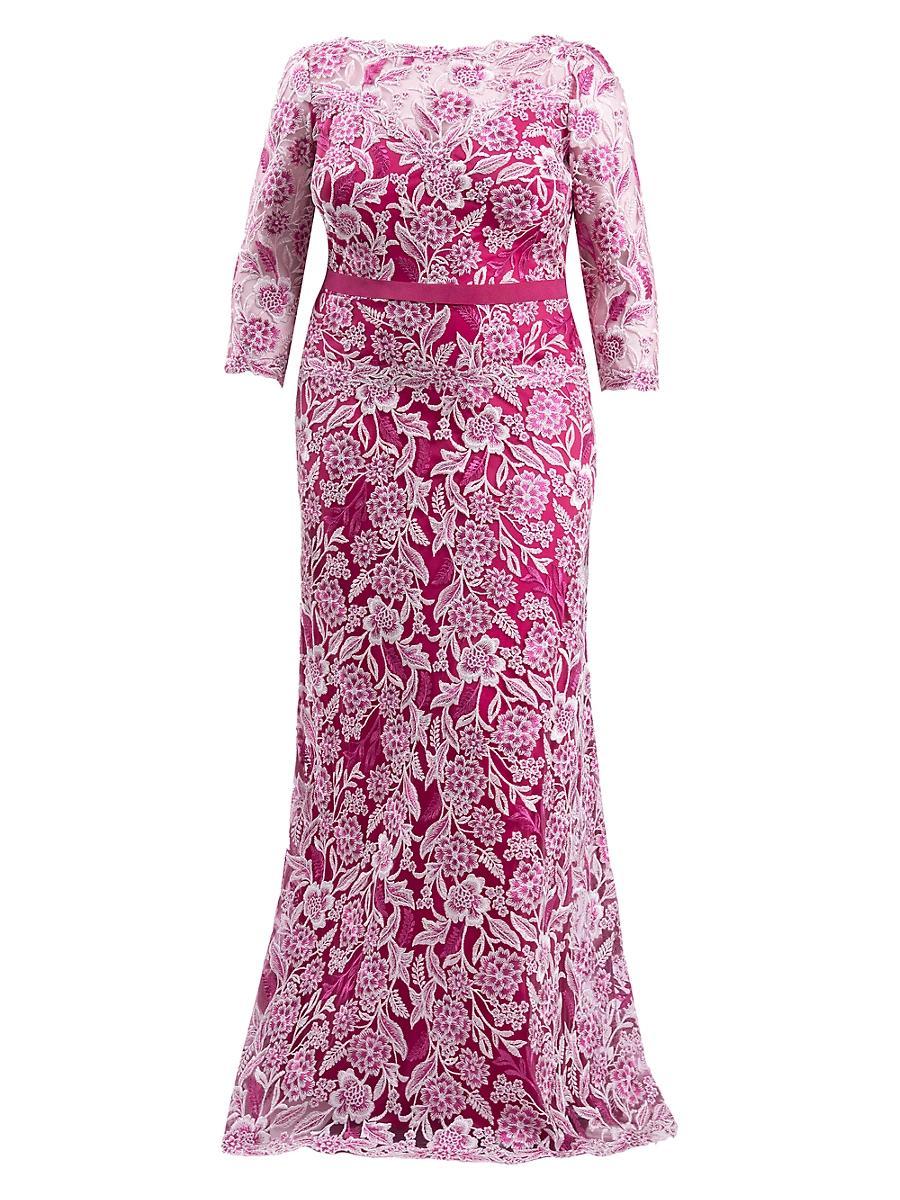 Womens Plus Three-Quarter-Sleeved Embroidered Lace Gown Product Image