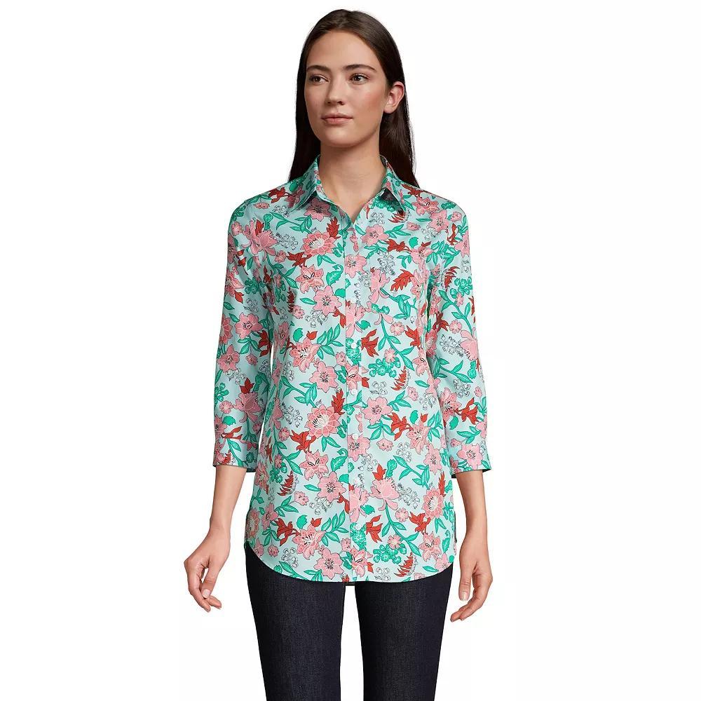 Women's Lands' End No Iron Three Quarter Sleeve Tunic, Size: 4, Blue Lotus Floral Product Image