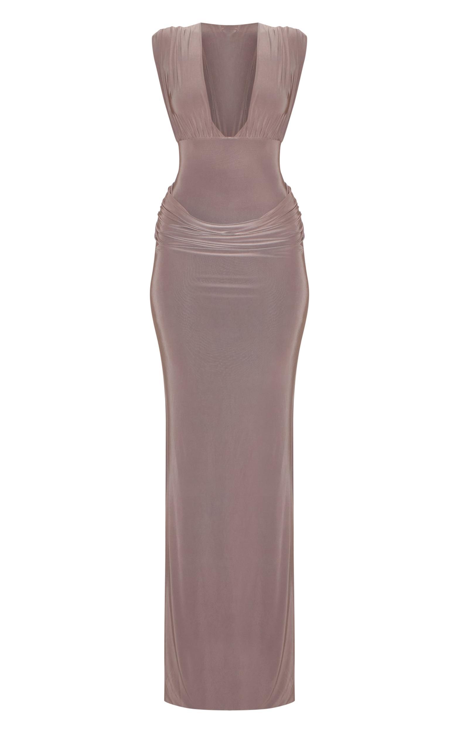 Taupe Double Layer Plunge Ruched Shoulder Drape Waist Maxi Dress Product Image