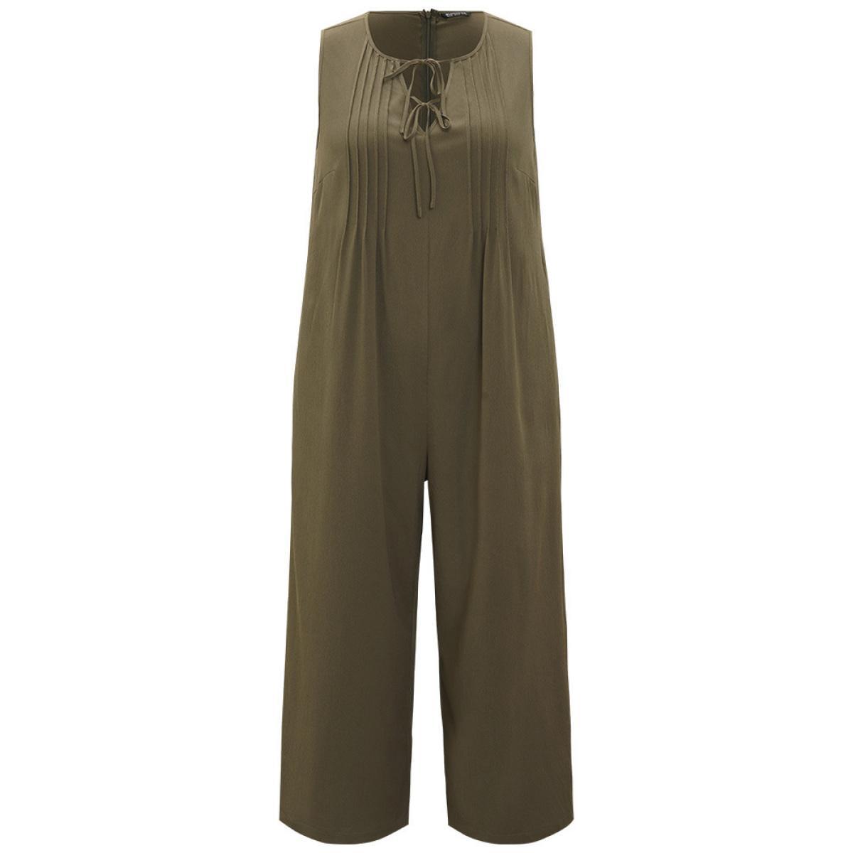 Plus Size Olive Plain Knot Neck Pocket Plicated Detail Tank Jumpsuit Women Casual Sleeveless Tie Neck Dailywear Loose Jumpsuits BloomChic 22-24/3X Product Image