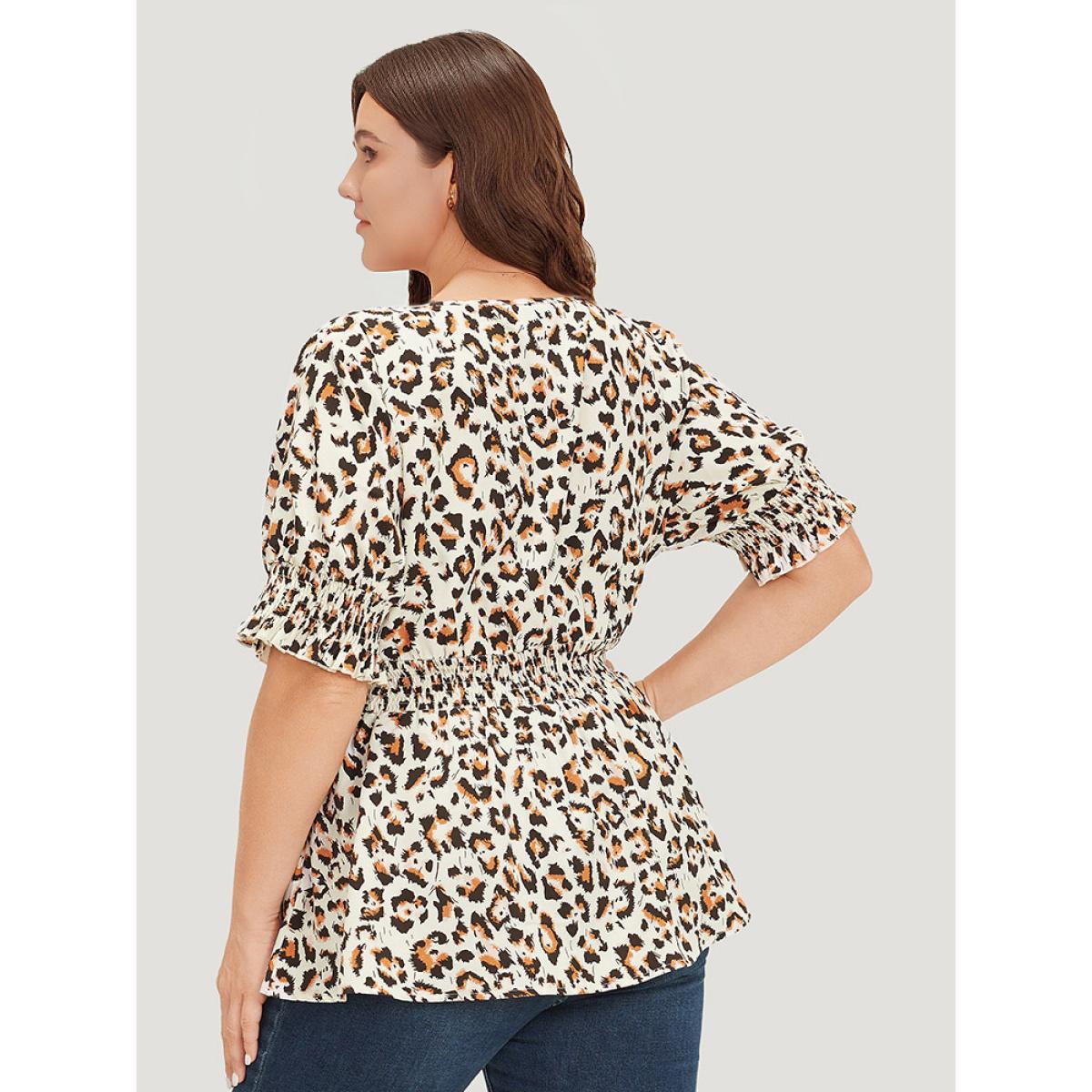 Plus Size Beige Leopard Print Shirred Puff Sleeve Ruffle Sleeve Blouse Women Glamour Short sleeve V-neck Going out Blouses BloomChic 28/5X Product Image