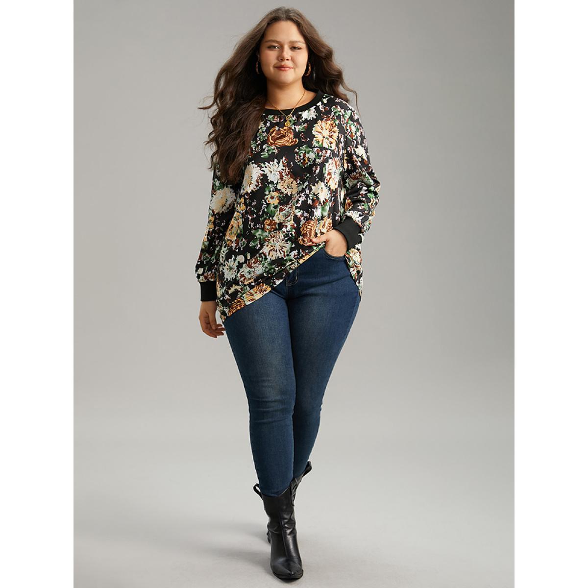 Plus Size Floral Print Elastic Cuffs Sweatshirt Women Black Elegant Printed Round Neck Dailywear Sweatshirts BloomChic 30/6X Product Image