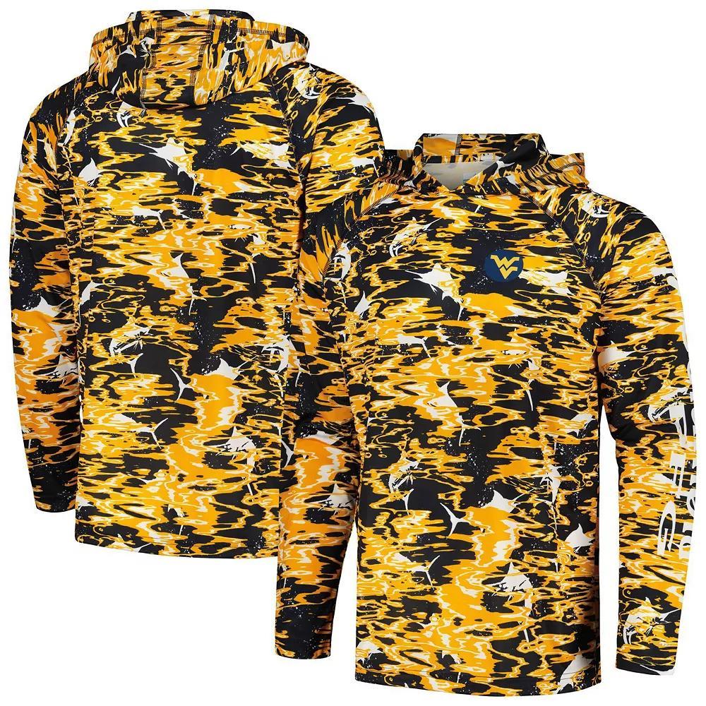 Men's Columbia  Navy West Virginia Mountaineers PFG Terminal Tackle Omni-Shade Rippled Long Sleeve Hooded T-Shirt, Size: Medium, Blue Product Image