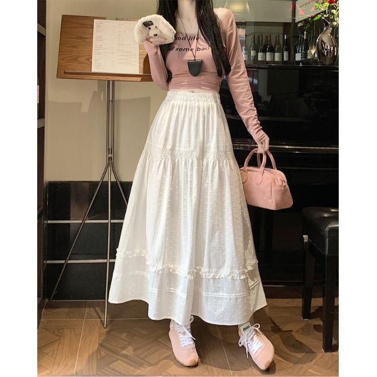 Elastic Waist Plain Frill Panel Maxi A-Line Skirt Product Image