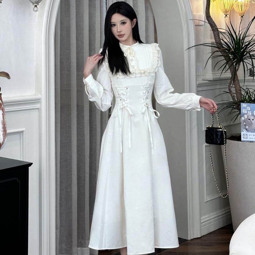 Long-Sleeve Stand Collar Plain Lace Trim Pintuck Lace-Up Midi A-Line Dress Product Image