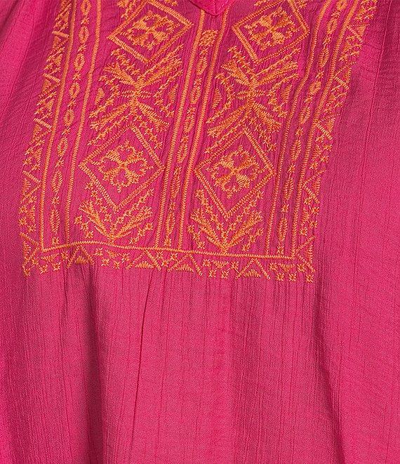 Calessa Plus Size Embroidered Motif Split V-Neckline Long Sleeve Tunic Product Image