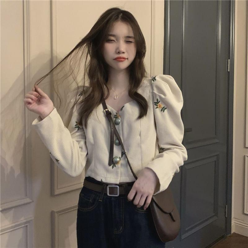Long-Sleeve V-Neck Floral Embroidered Corduroy Button-Up Crop Blouse Product Image