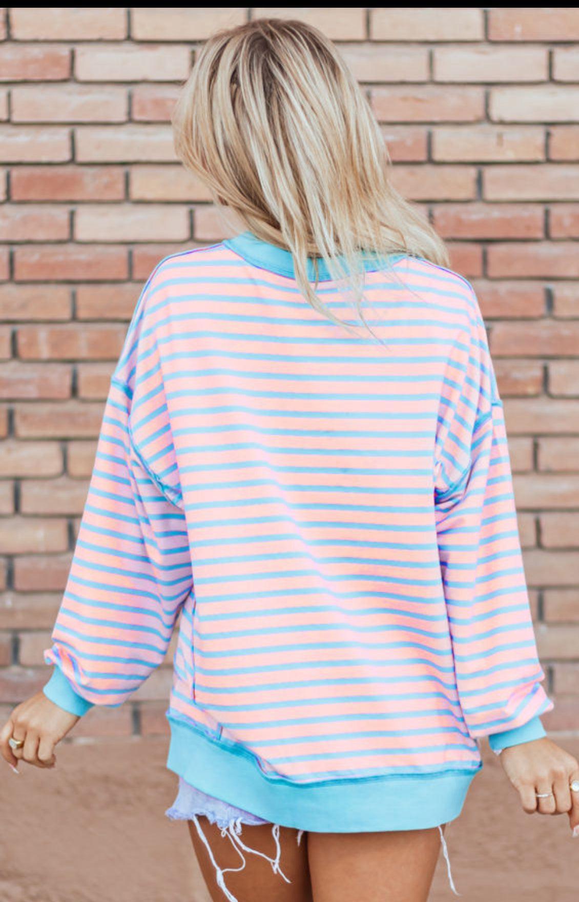 Pink Stripe High Low Pullover Sweater Product Image