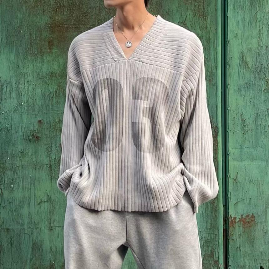 Long-Sleeve V-Neck Number Print Knit Top Product Image