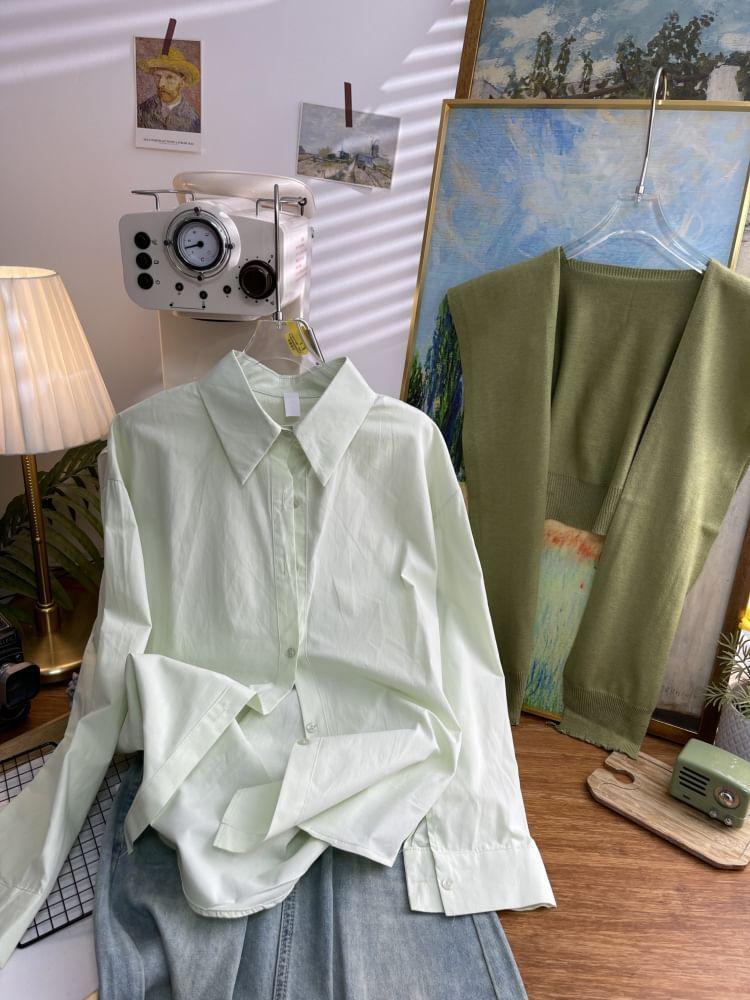 Set: Long-Sleeve Plain Button-Up Shirt + Shawl Product Image