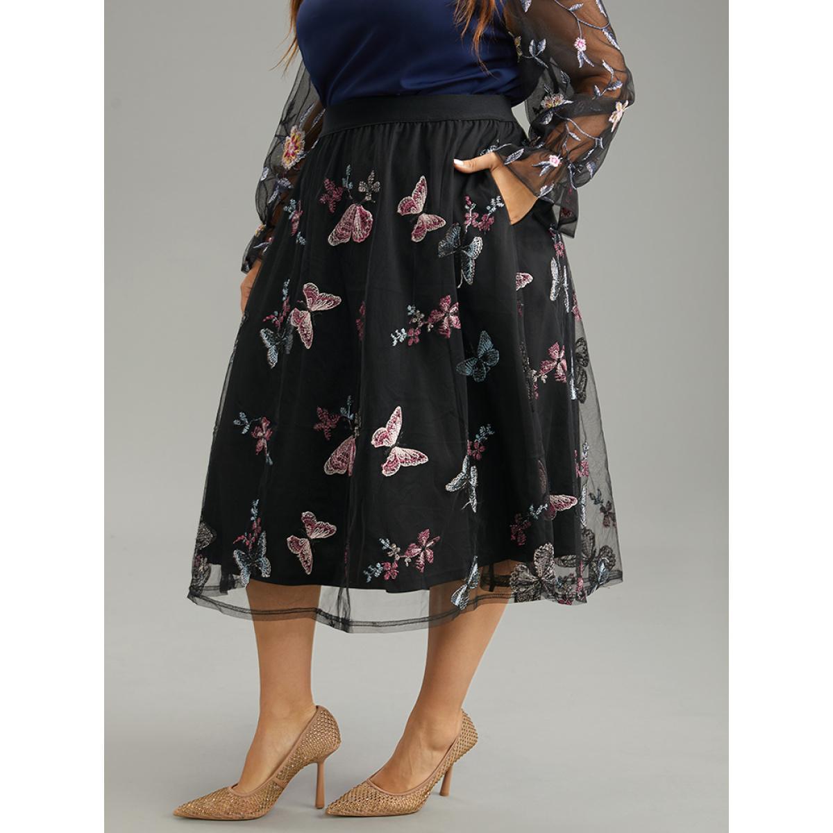 Plus Size Butterfly Embroidered Mesh Elastic Waist Skirt Women Black Party Lace No stretch Pocket Going out Skirts BloomChic 12/L Product Image