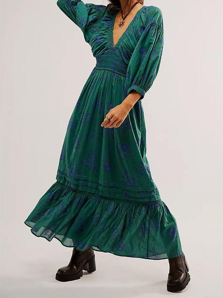 Puff-Sleeve V-Neck Floral Print Maxi A-Line Dress Product Image