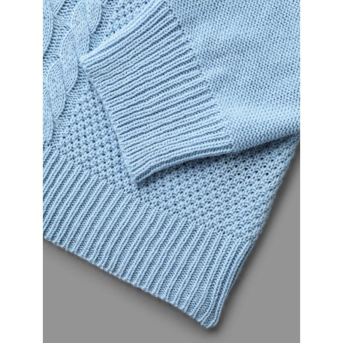 Plus Size Solid Round Neck Plisse Cable Knit Pullover LightBlue Women Casual Loose Long Sleeve Round Neck Everyday Pullovers BloomChic 12/L Product Image