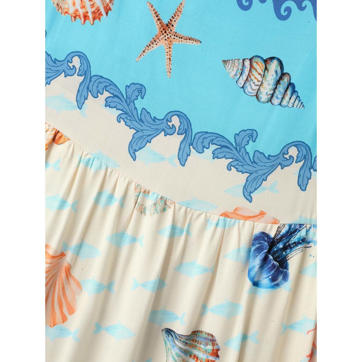 Plus Size Oceanic Print Slit Sleeveless Midi Dress LightBlue Women Square Neck Sleeveless Curvy BloomChic 10/M Product Image