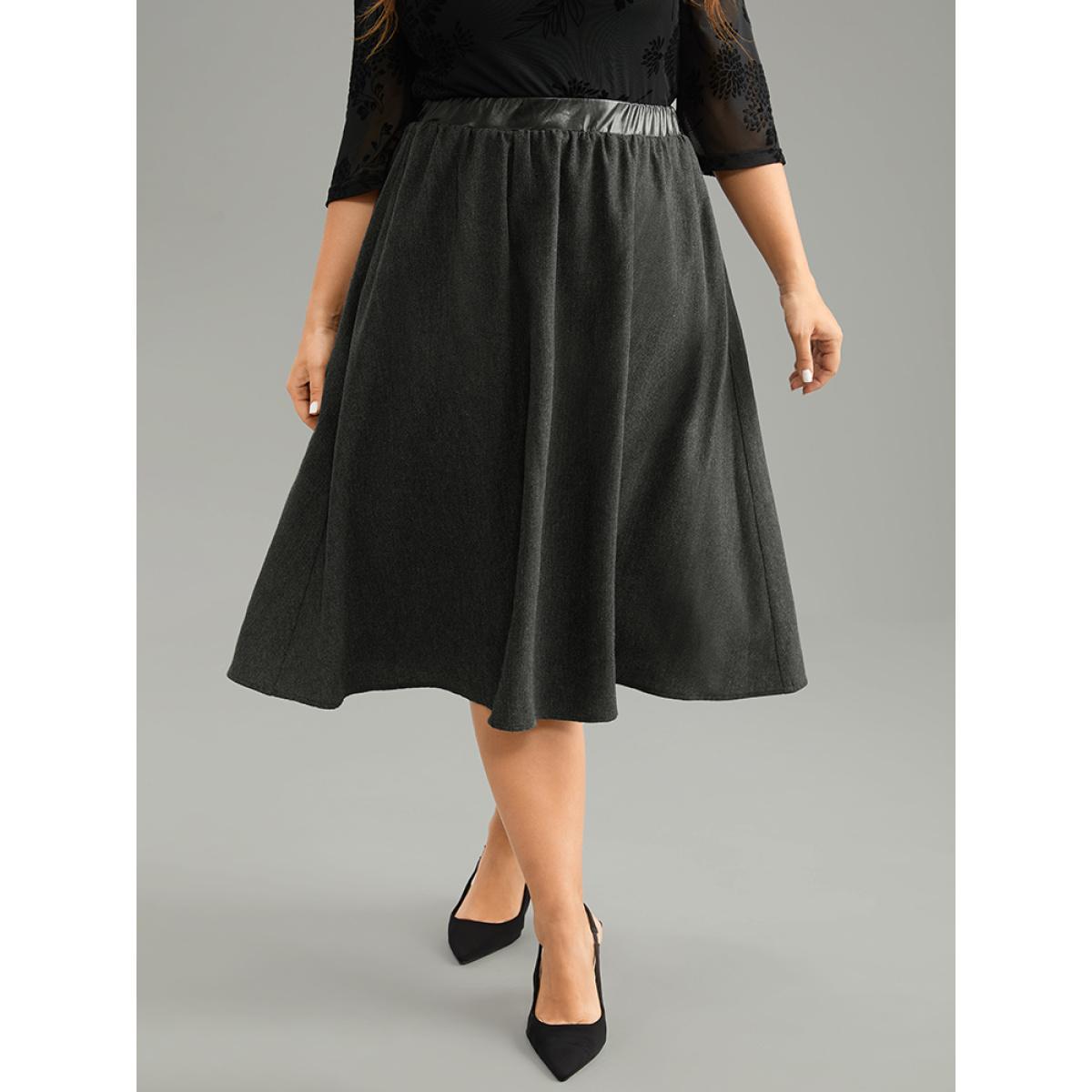 Plus Size Solid PU Patchwork Pocket Elastic Waist Skirt Women DimGray Office Texture No stretch Pocket Work Skirts BloomChic 14-16/1X Product Image
