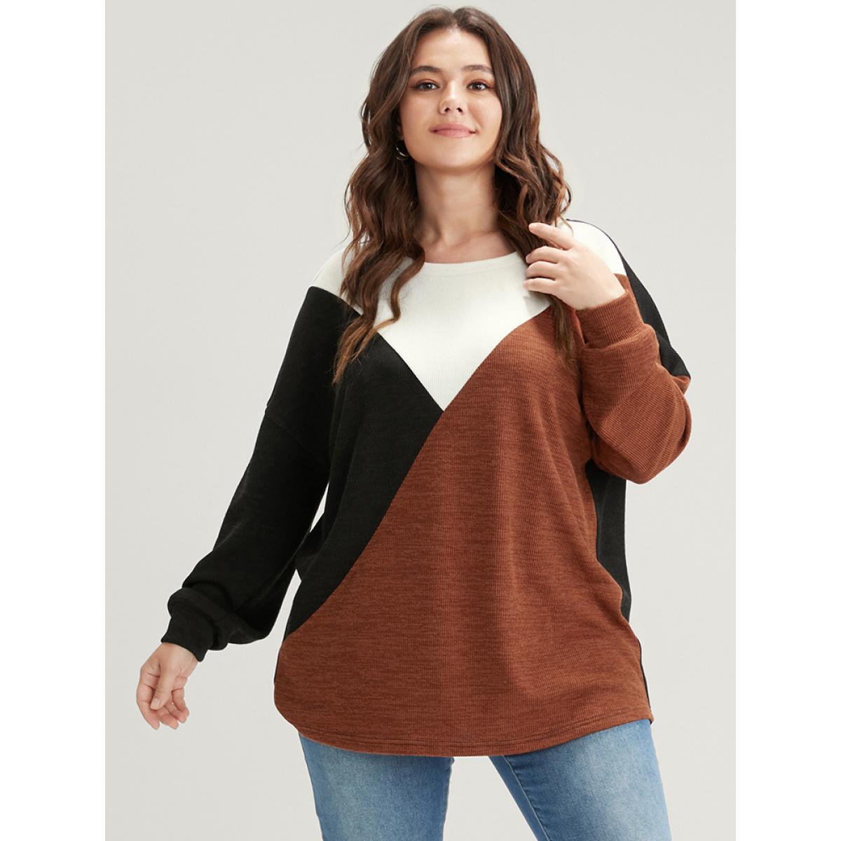 Plus Size Colorblock Contrast Rib Knit Drop Shoulder Sweatshirt Women Multicolor Elegant Patchwork Round Neck Dailywear Sweatshirts BloomChic 22-24/3X Product Image
