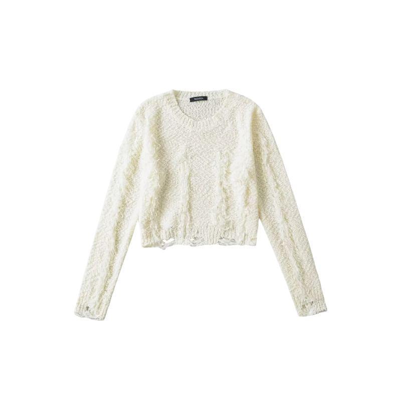 Long-Sleeve Round Neck Plain Fringed Distressed Crop Knit Top Product Image