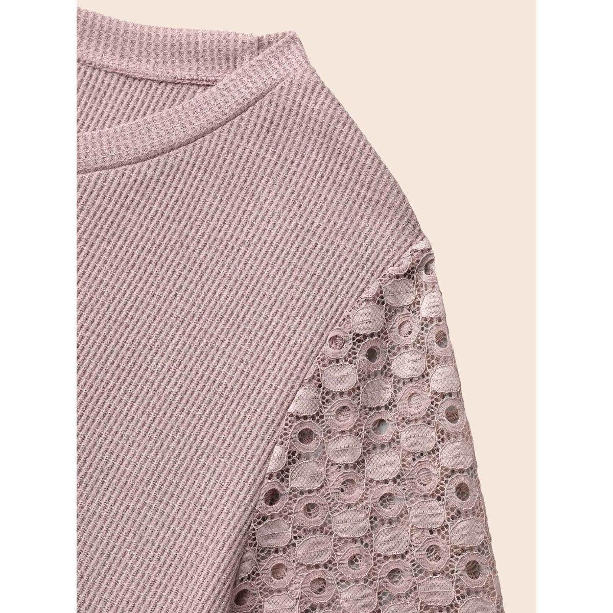 Plus Size Textured Lace Spliced Stretchy T-Shirt Dirtypink Women Elegant Texture Round Neck Everyday T-shirts BloomChic 10/M Product Image
