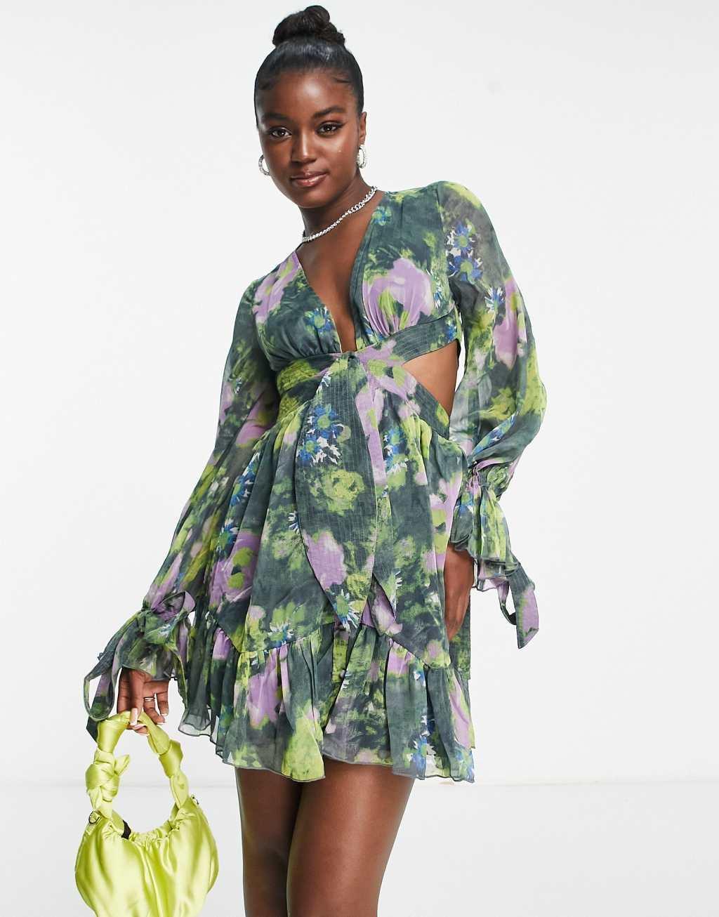 ASOS DESIGN tie front soft mini dress with cuff and waist detail Product Image