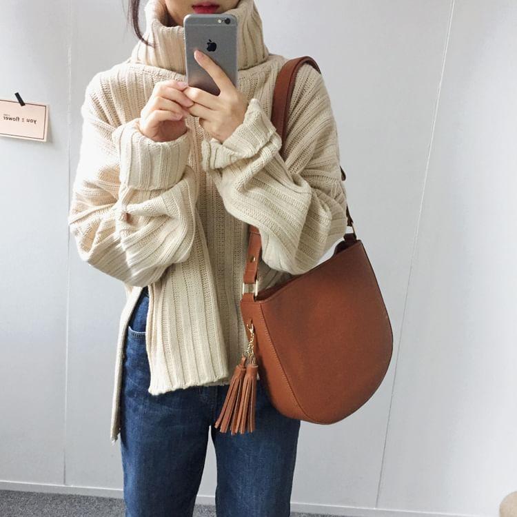 Turtleneck Plain Ribbed Side Slit Oversized Sweater Product Image