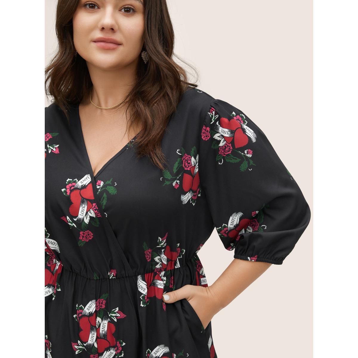 Plus Size Black Floral Elastic Waist Overlap Collar Gathered Jumpsuit Women Elegant Elbow-length sleeve Overlap Collar Everyday Loose Jumpsuits BloomChic 26/4X Product Image