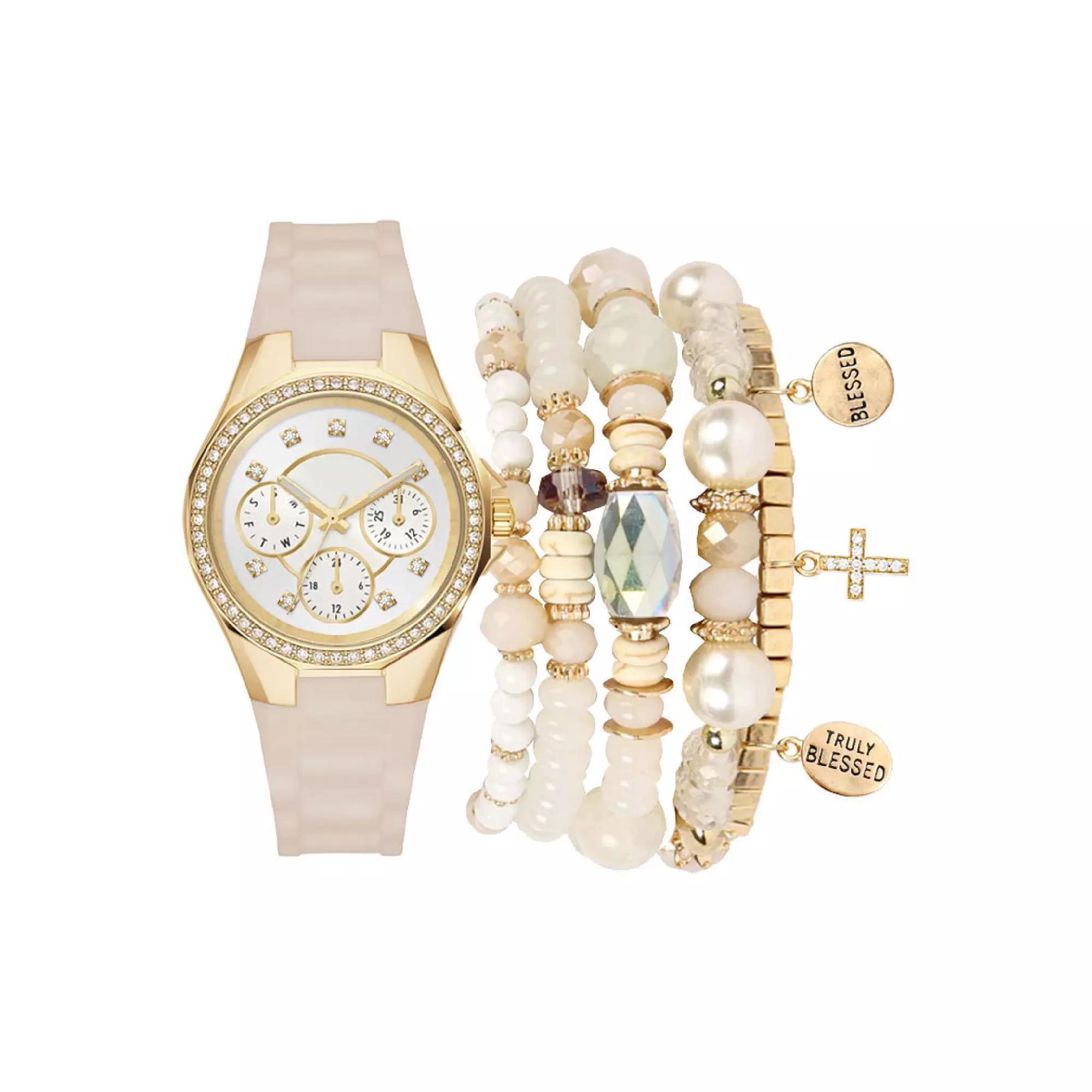 Jessica Carlyle Beige Silicone 35 mm Analog Watch & Bracelet Set, Womens, Silver Product Image