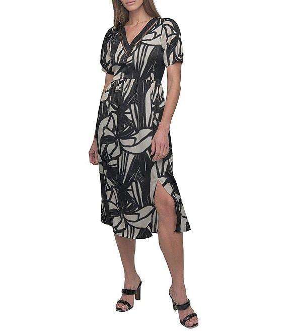 DKNY by Donna Karan Short Sleeve Printed V-Neck Ladder Lace Dress Product Image