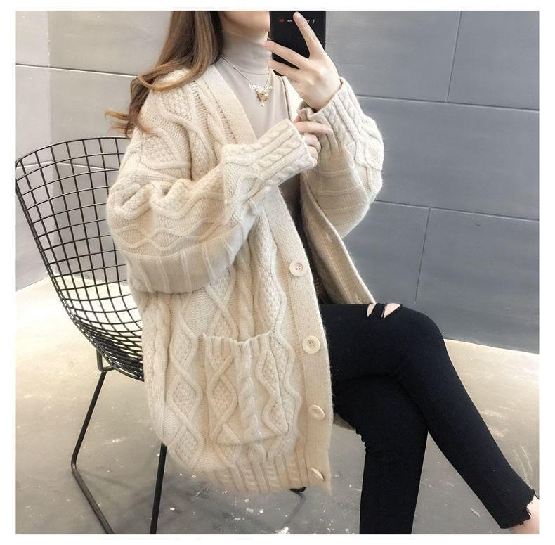 V-Neck Plain Cable Knit Button-Up Oversized Cardigan Product Image