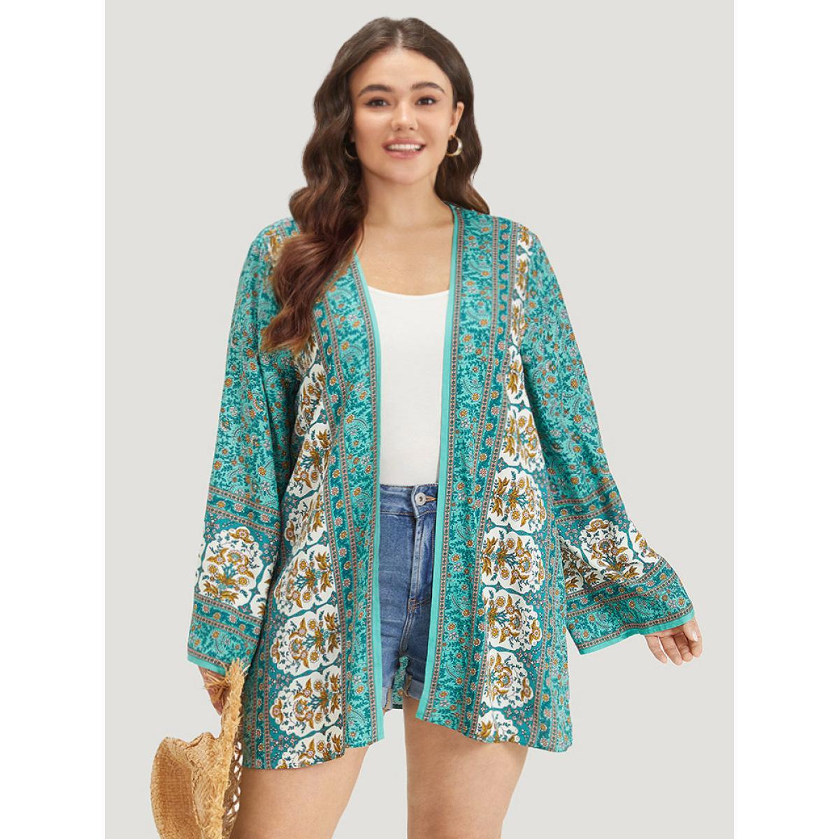 Plus Size Boho Print Flutter Sleeve Open Front Kimono Women Turquoise Casual Printed Loose Dailywear Kimonos BloomChic 22-24/3X Product Image