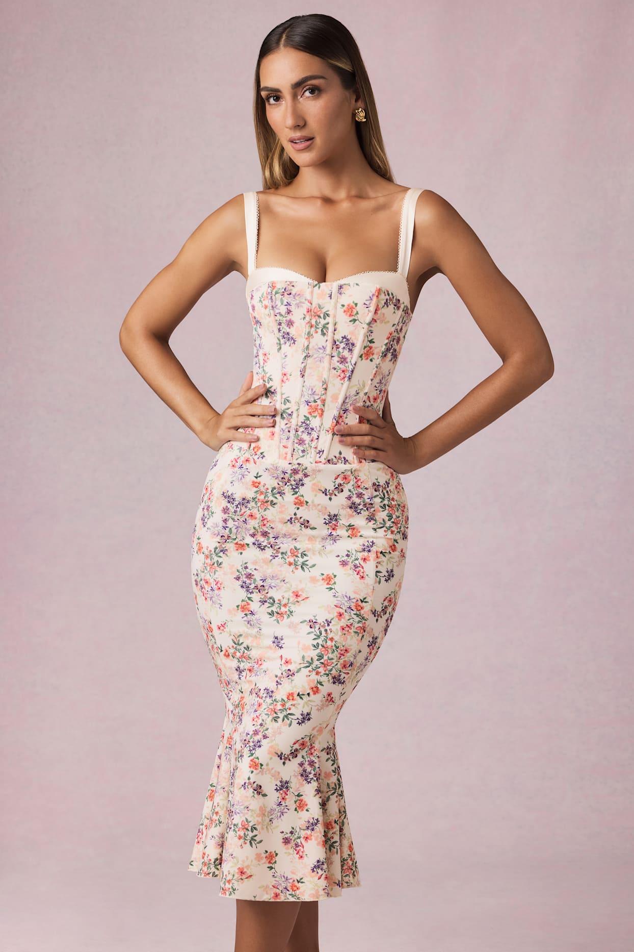 Layered Bra-Detail Fishtail Midaxi Dress in Primrose Floral Print Product Image