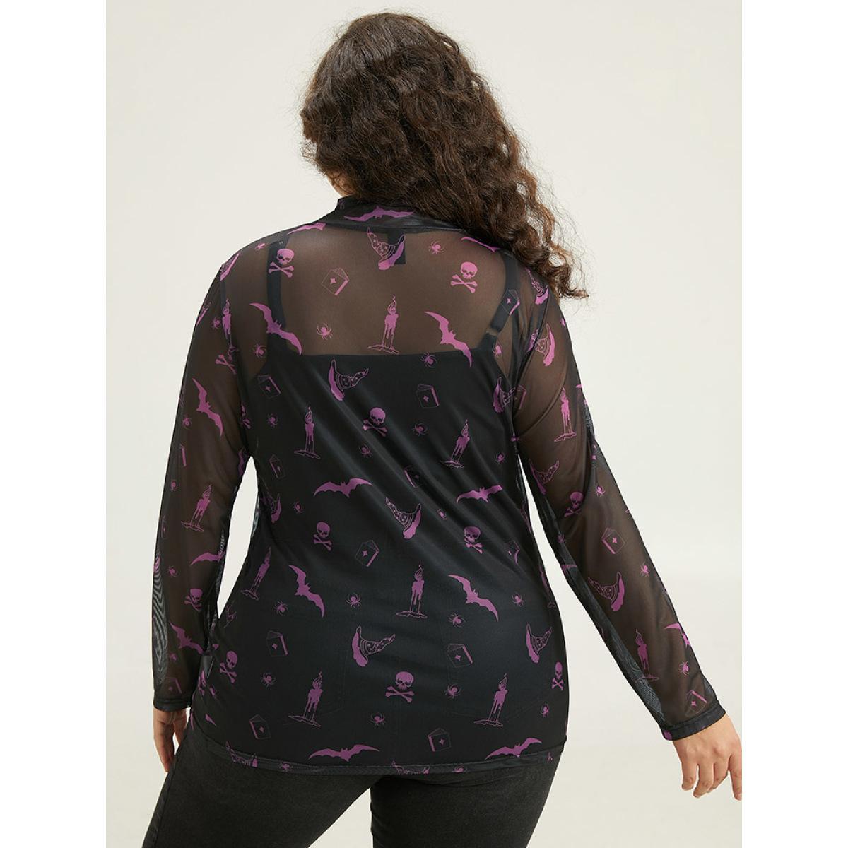 Plus Size Halloween Mock Neck Skull Print Mesh T-shirt Black Women Casual See through Graphic-Halloween Mock Neck Festival-Halloween T-shirts BloomChic 14-16/1X Product Image