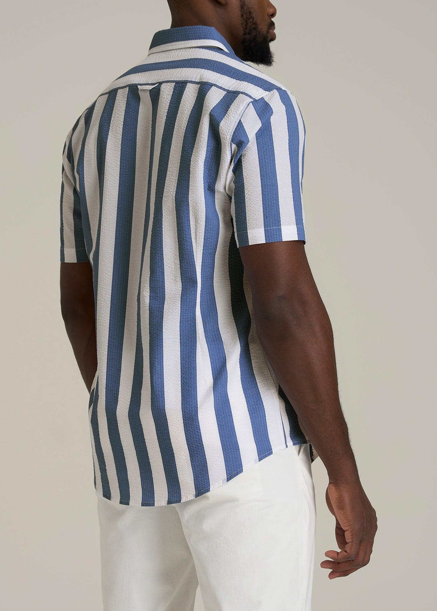 Seersucker Tall Men's Short Sleeve Shirt in Periwinkle Blue Stripe Product Image