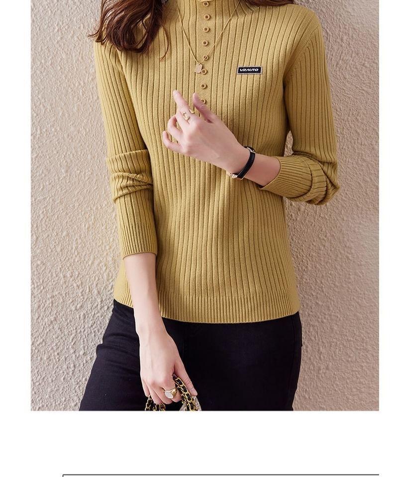 Long-Sleeve Mock Neck Lettering Applique Ribbed Knit Top Product Image